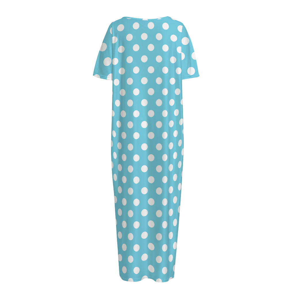 Cyan And White Polka Dot Pattern Print Short Sleeve Long Nightdress