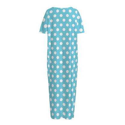 Cyan And White Polka Dot Pattern Print Short Sleeve Long Nightdress