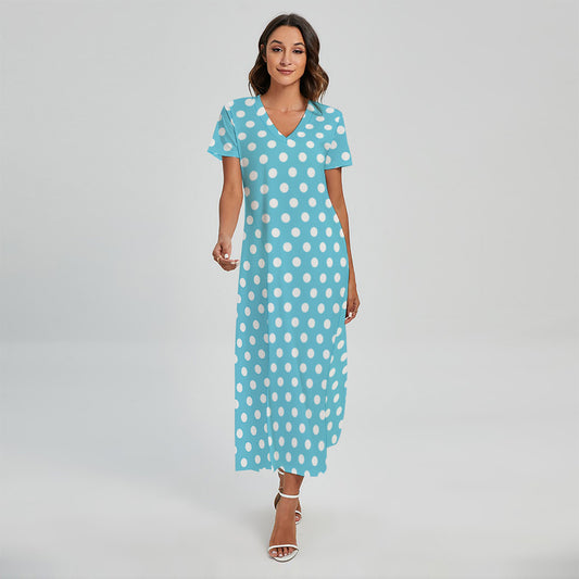 Cyan And White Polka Dot Pattern Print Short Sleeve Maxi Dress