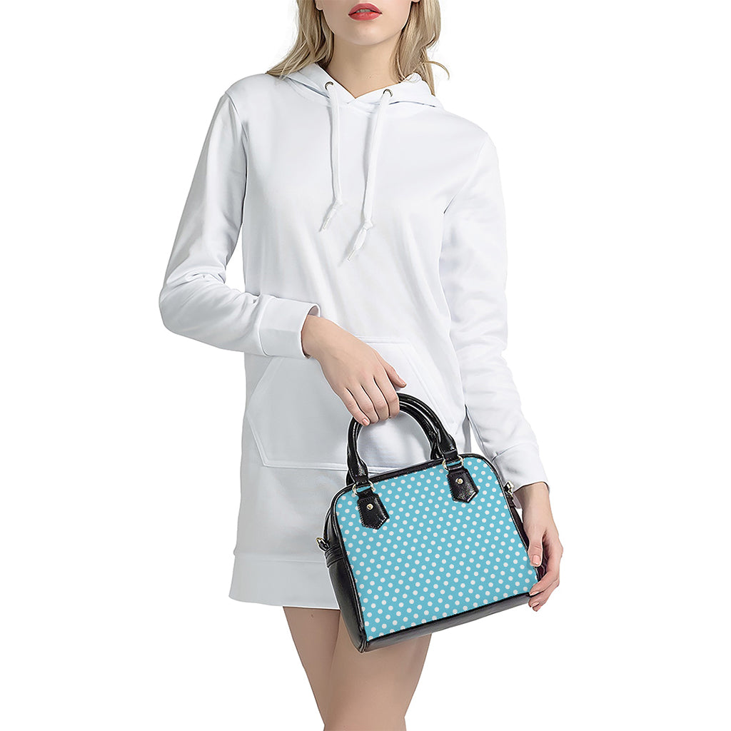 Cyan And White Polka Dot Pattern Print Shoulder Handbag