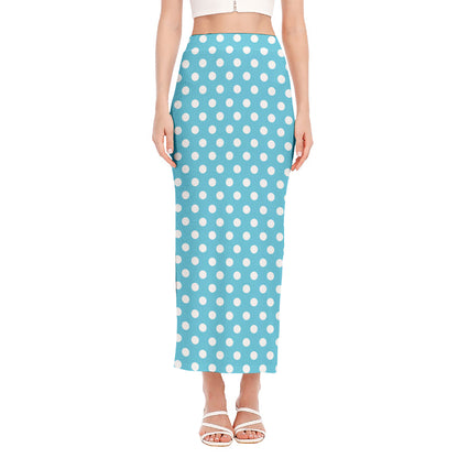 Cyan And White Polka Dot Pattern Print Side Slit Maxi Skirt