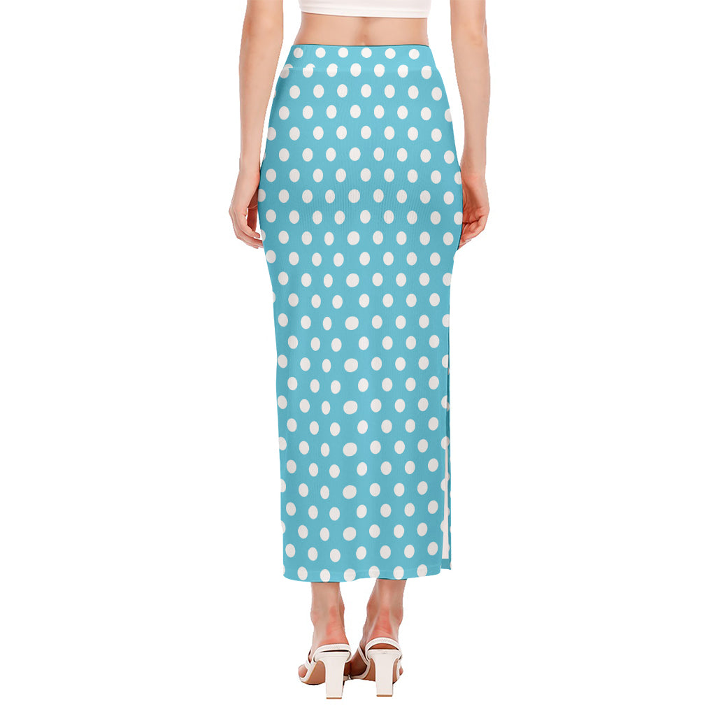 Cyan And White Polka Dot Pattern Print Side Slit Maxi Skirt