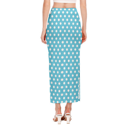 Cyan And White Polka Dot Pattern Print Side Slit Maxi Skirt