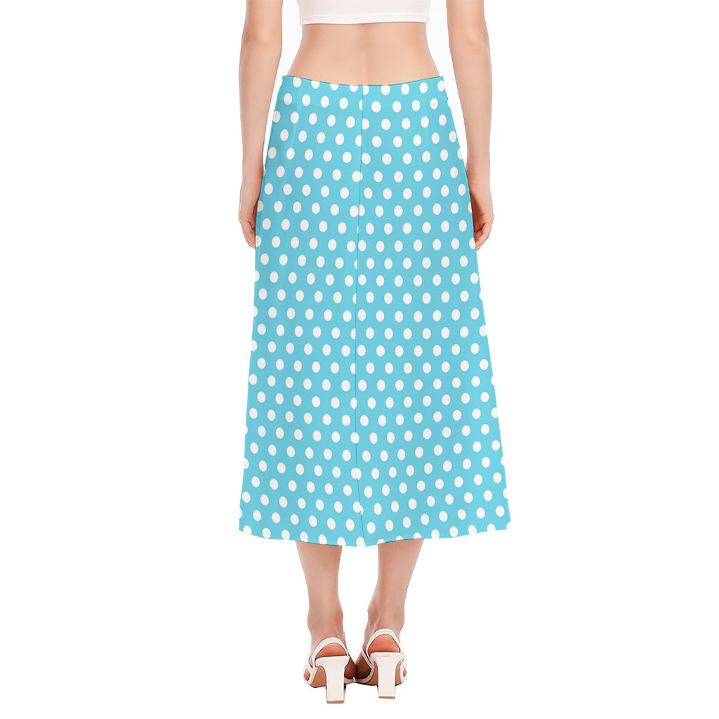 Cyan And White Polka Dot Pattern Print Side Slit Midi Skirt