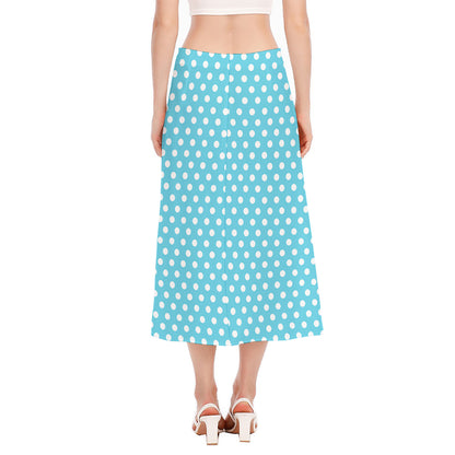Cyan And White Polka Dot Pattern Print Side Slit Midi Skirt