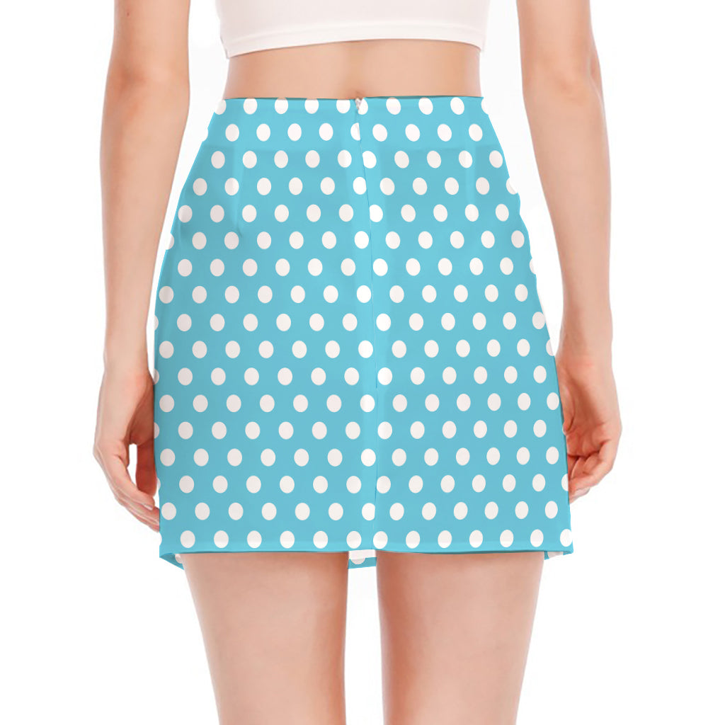 Cyan And White Polka Dot Pattern Print Side Slit Mini Skirt