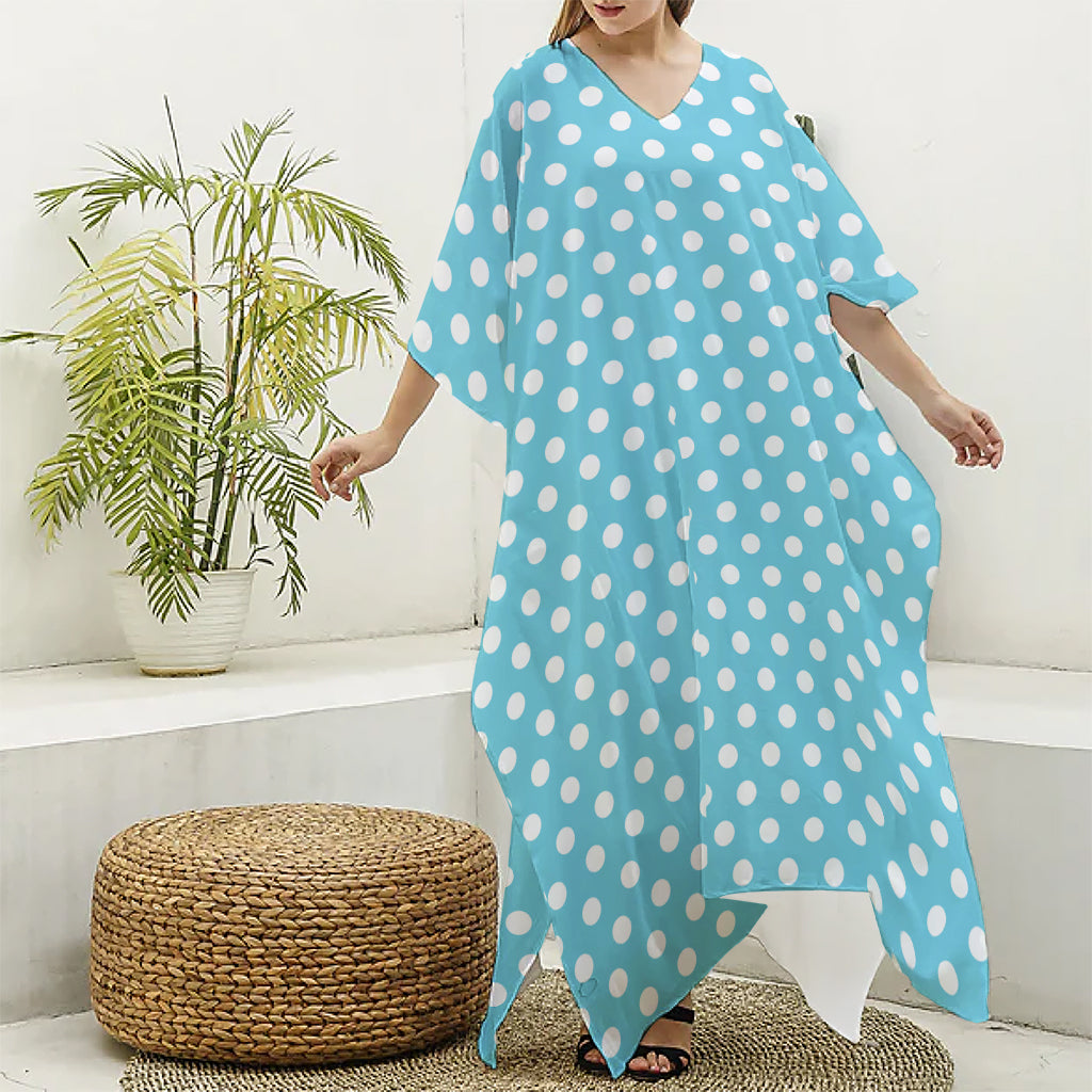 Cyan And White Polka Dot Pattern Print Silk V-Neck Kaftan Dress