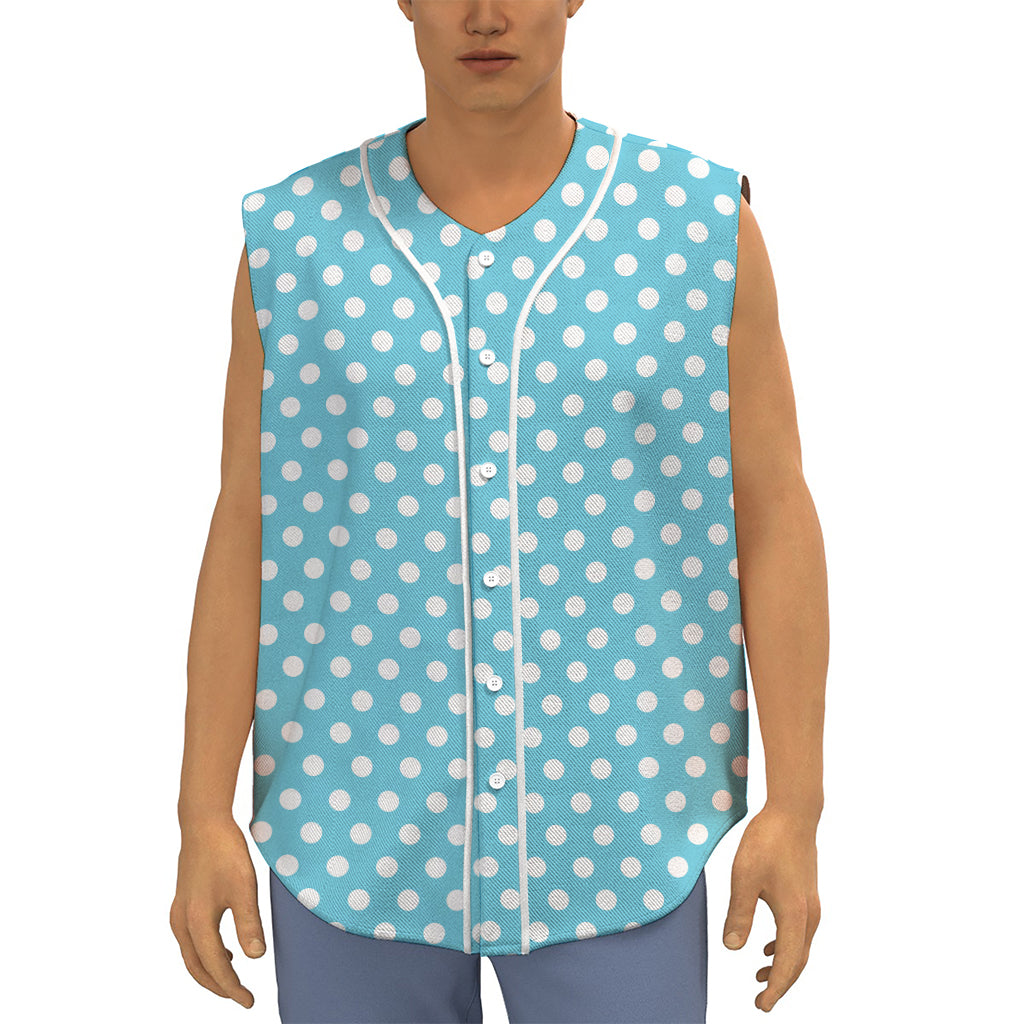 Cyan And White Polka Dot Pattern Print Sleeveless Baseball Jersey