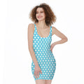 Cyan And White Polka Dot Pattern Print Sleeveless Bodycon Dress