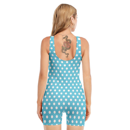 Cyan And White Polka Dot Pattern Print Sleeveless One Piece Swimsuit