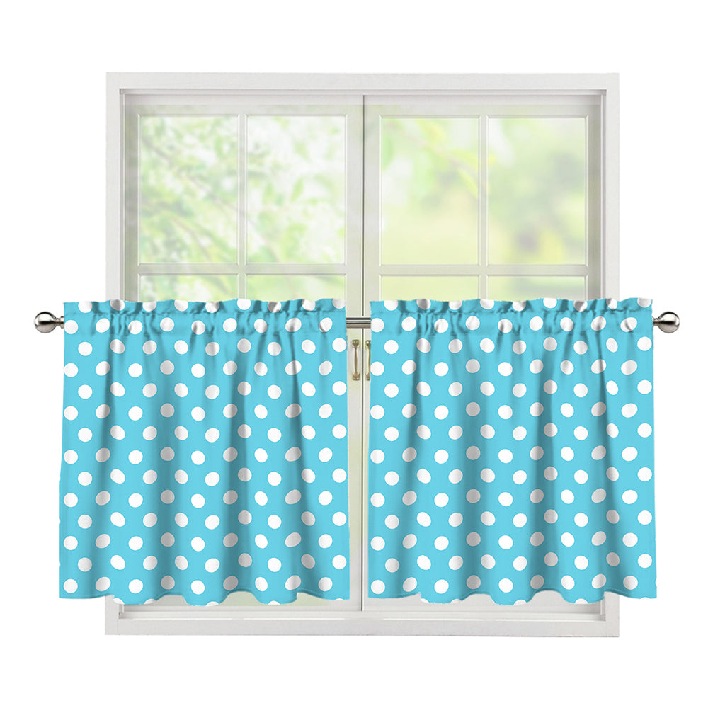 Cyan And White Polka Dot Pattern Print Tier Curtains