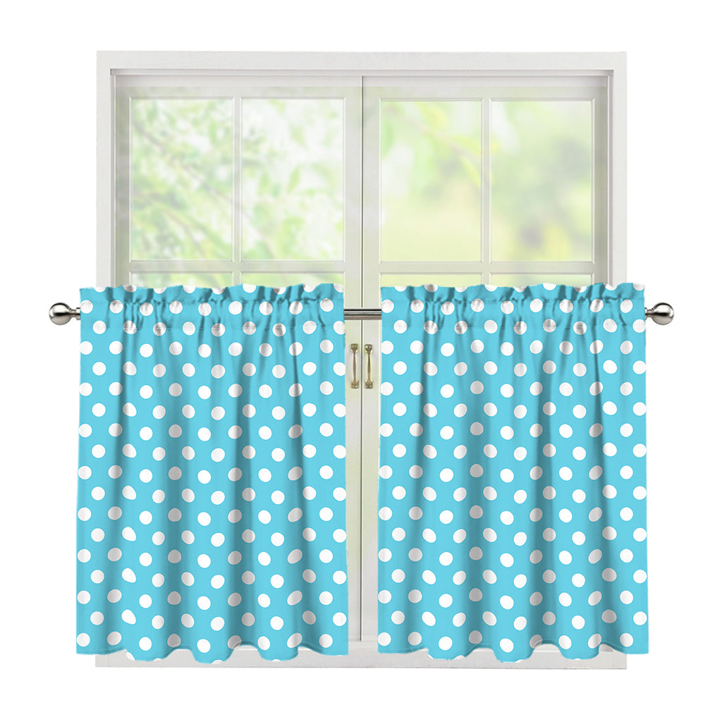 Cyan And White Polka Dot Pattern Print Tier Curtains