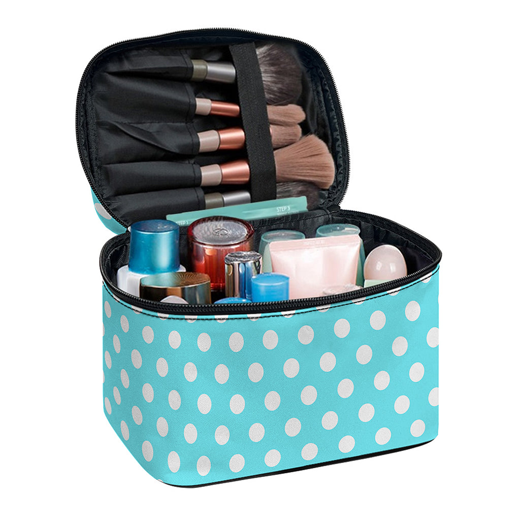Cyan And White Polka Dot Pattern Print Travel Makeup Bag
