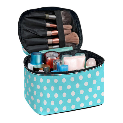 Cyan And White Polka Dot Pattern Print Travel Makeup Bag