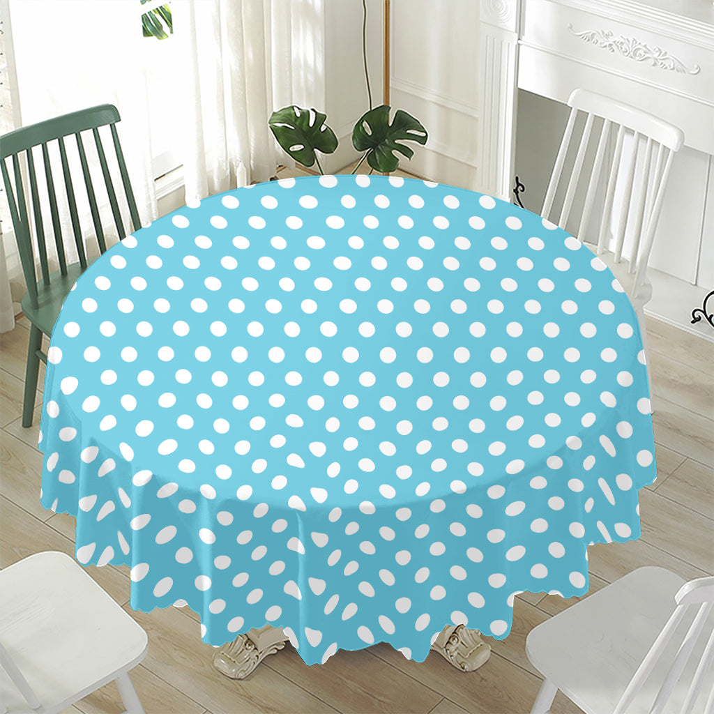 Cyan And White Polka Dot Pattern Print Waterproof Round Tablecloth