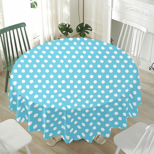 Cyan And White Polka Dot Pattern Print Waterproof Round Tablecloth