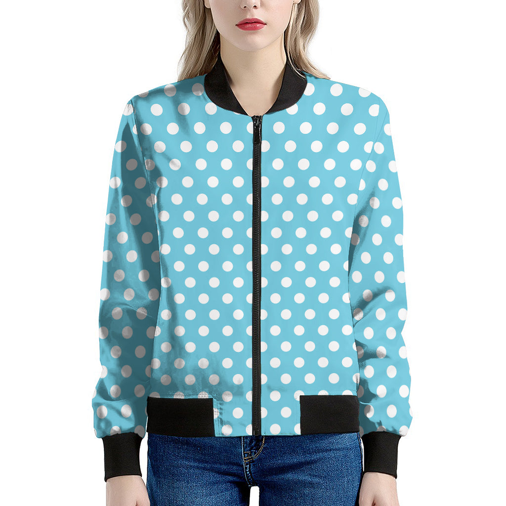 Cyan And White Polka Dot Pattern Print Women's Bomber Jacket