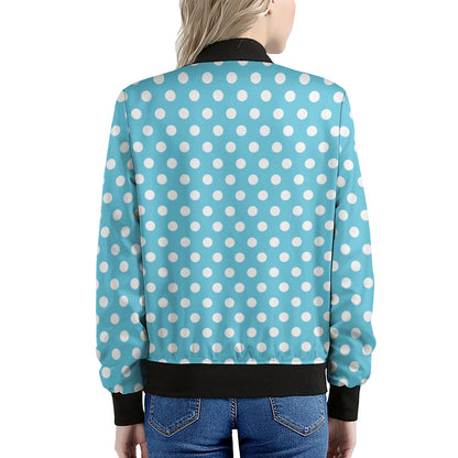Cyan And White Polka Dot Pattern Print Women's Bomber Jacket