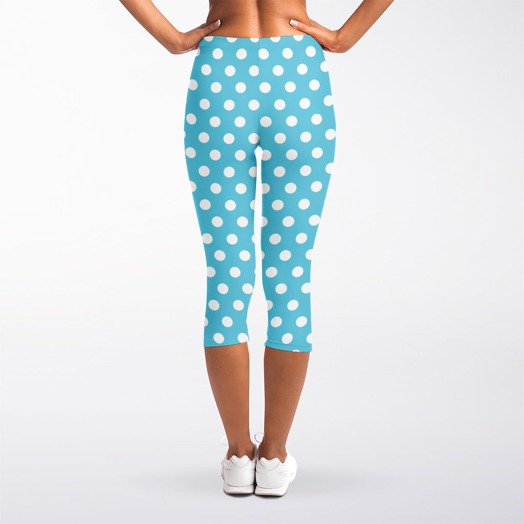 Cyan And White Polka Dot Pattern Print Women's Capri Leggings