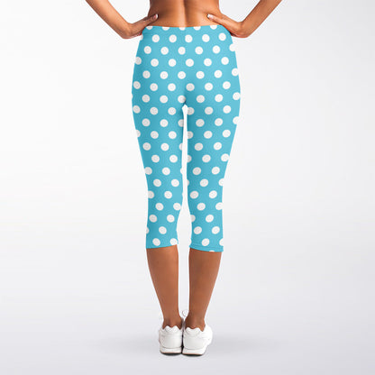 Cyan And White Polka Dot Pattern Print Women's Capri Leggings