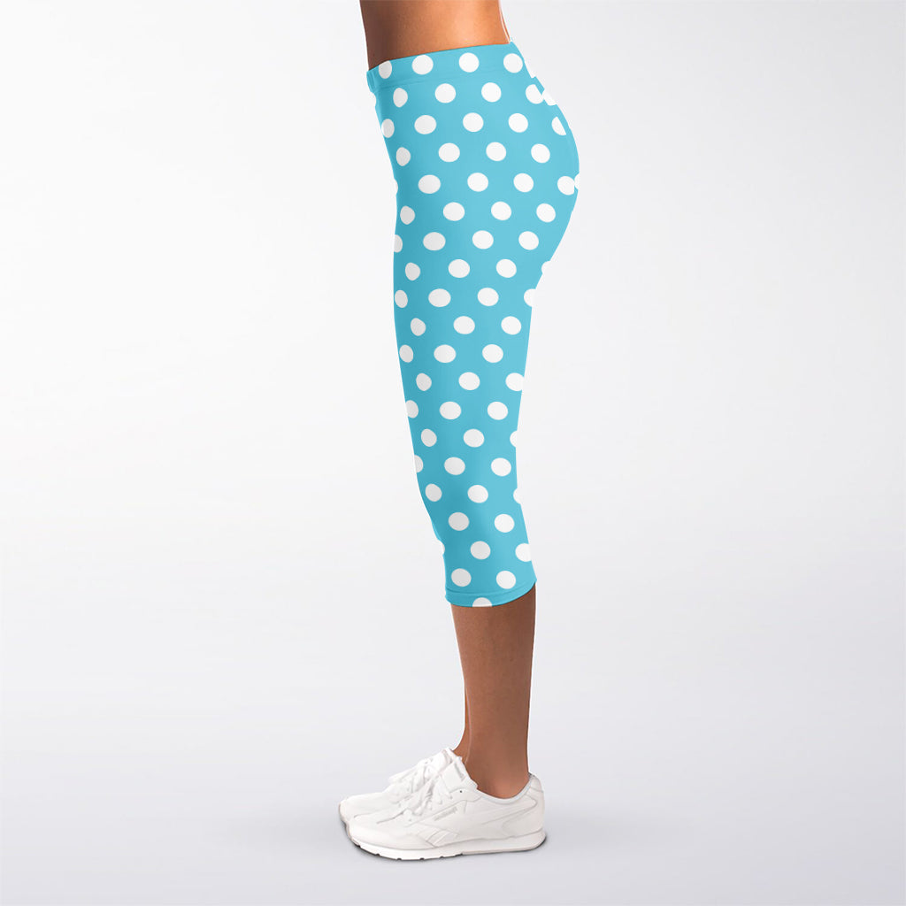 Cyan And White Polka Dot Pattern Print Women's Capri Leggings