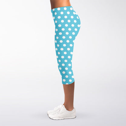 Cyan And White Polka Dot Pattern Print Women's Capri Leggings