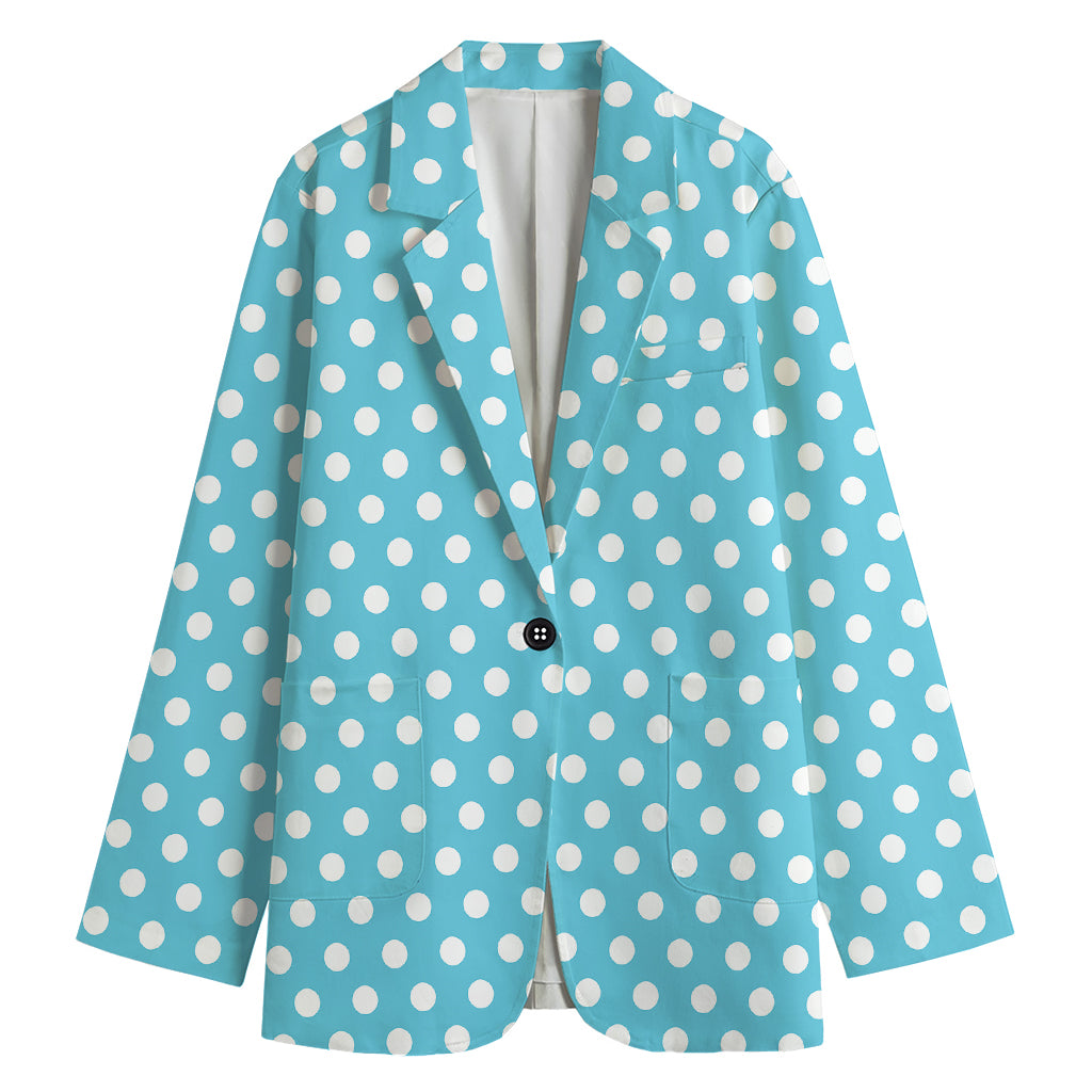 Cyan And White Polka Dot Pattern Print Women's Cotton Blazer
