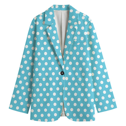 Cyan And White Polka Dot Pattern Print Women's Cotton Blazer