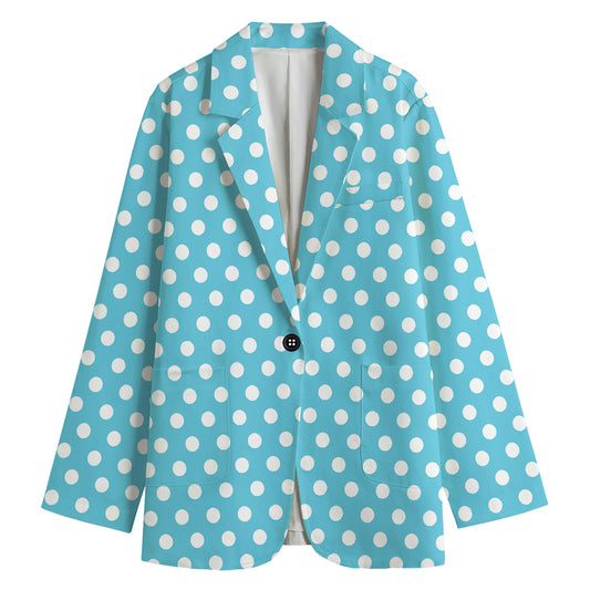 Cyan And White Polka Dot Pattern Print Women's Cotton Blazer