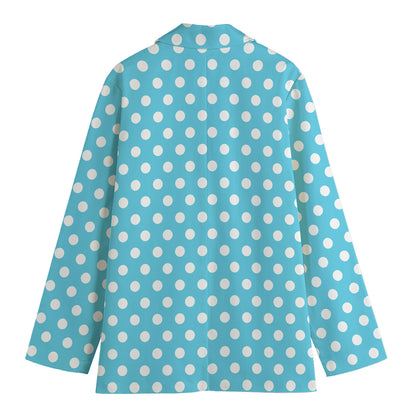 Cyan And White Polka Dot Pattern Print Women's Cotton Blazer