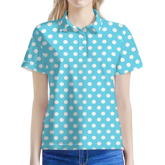 Cyan And White Polka Dot Pattern Print Women's Polo Shirt