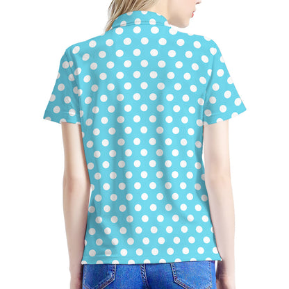Cyan And White Polka Dot Pattern Print Women's Polo Shirt