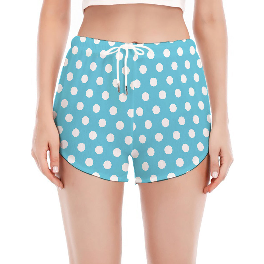 Cyan And White Polka Dot Pattern Print Women's Split Running Shorts