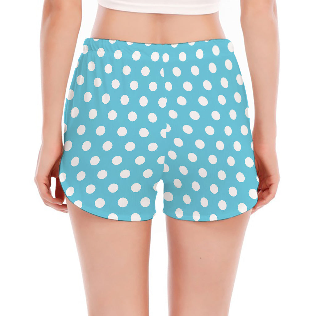 Cyan And White Polka Dot Pattern Print Women's Split Running Shorts