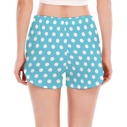 Cyan And White Polka Dot Pattern Print Women's Split Running Shorts