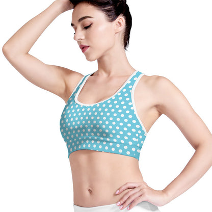 Cyan And White Polka Dot Pattern Print Women's Sports Bra