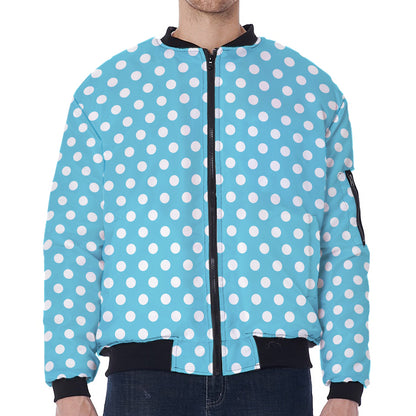 Cyan And White Polka Dot Pattern Print Zip Sleeve Bomber Jacket