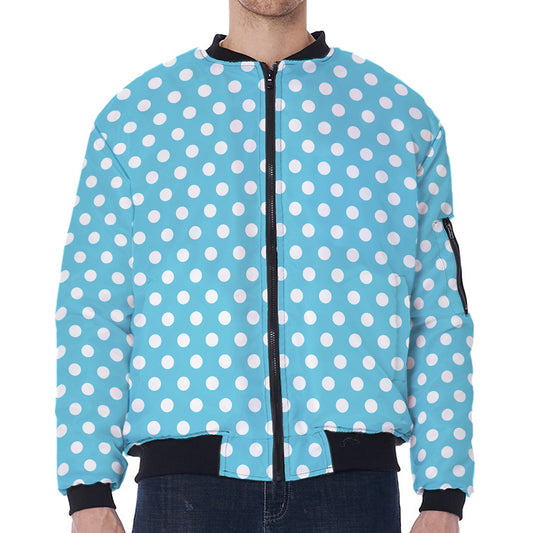 Cyan And White Polka Dot Pattern Print Zip Sleeve Bomber Jacket