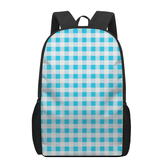 Cyan Blue And White Gingham Print 17 Inch Backpack