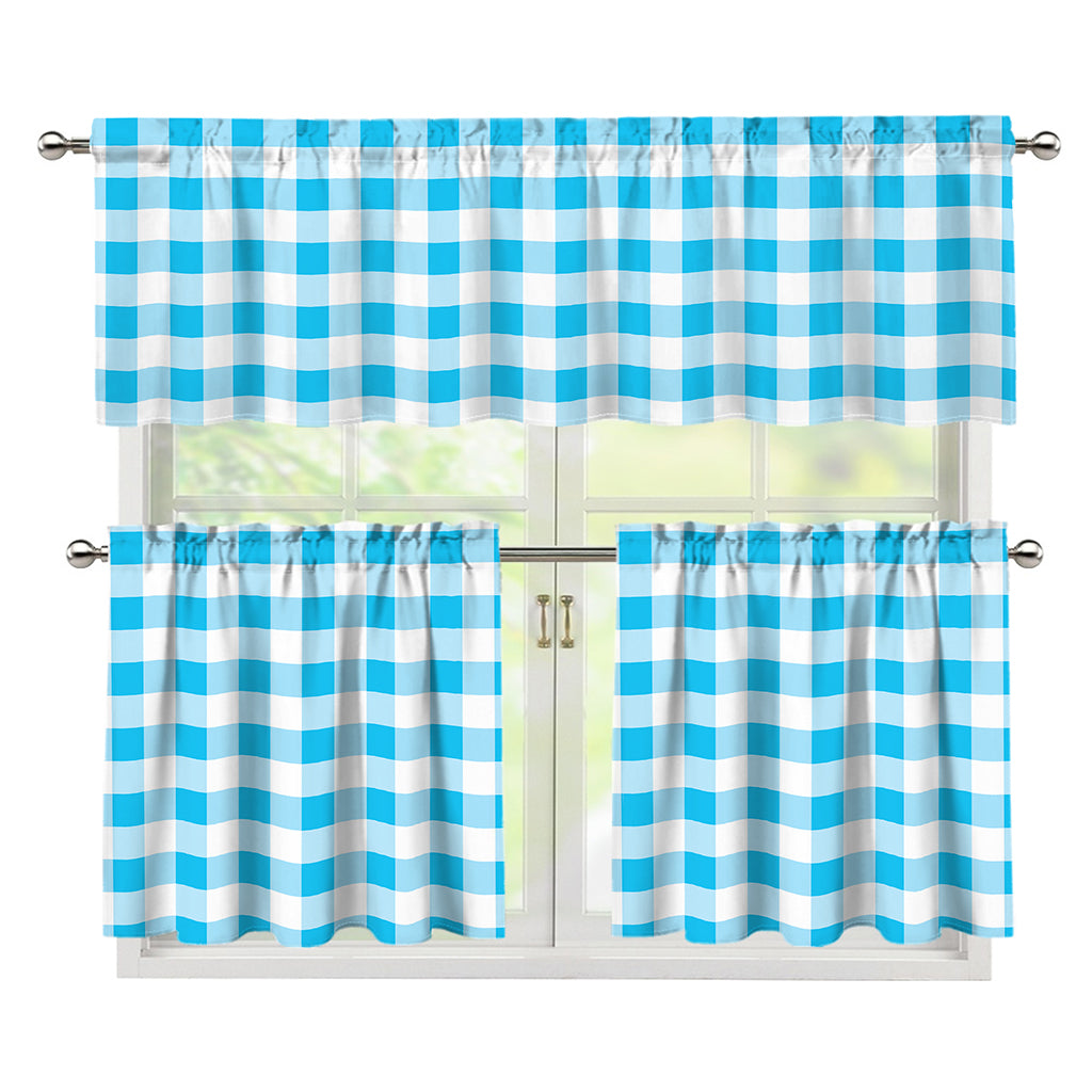 Cyan Blue And White Gingham Print 3 Piece Kitchen Curtains