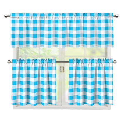 Cyan Blue And White Gingham Print 3 Piece Kitchen Curtains