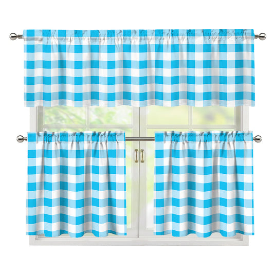Cyan Blue And White Gingham Print 3 Piece Kitchen Curtains