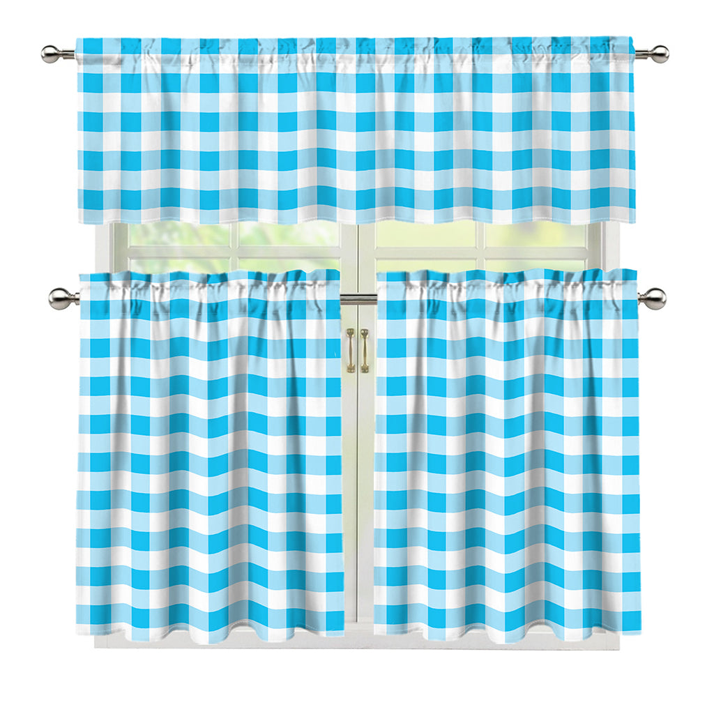 Cyan Blue And White Gingham Print 3 Piece Kitchen Curtains