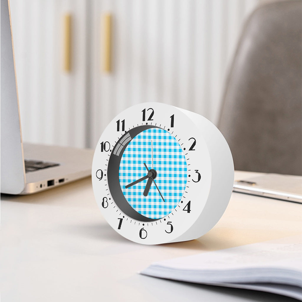Cyan Blue And White Gingham Print Alarm Clock