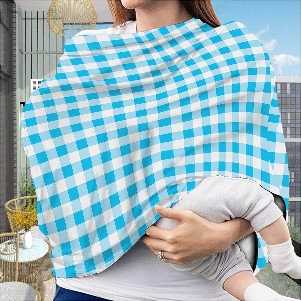 Cyan Blue And White Gingham Print Baby Seat Cover