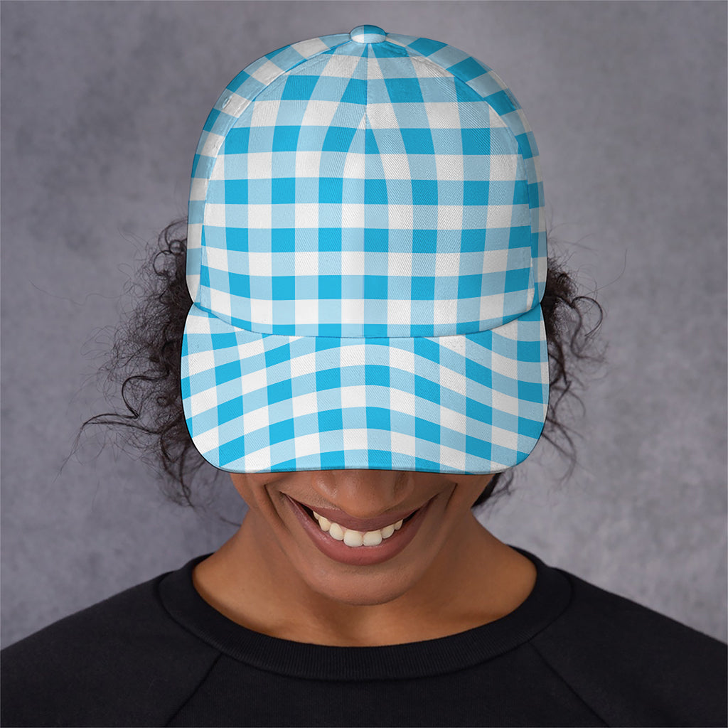 Cyan Blue And White Gingham Print Baseball Cap