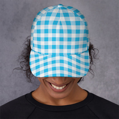 Cyan Blue And White Gingham Print Baseball Cap