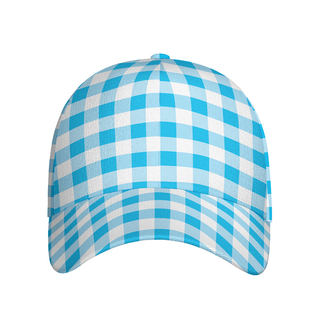 Cyan Blue And White Gingham Print Baseball Cap