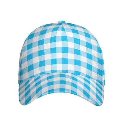 Cyan Blue And White Gingham Print Baseball Cap