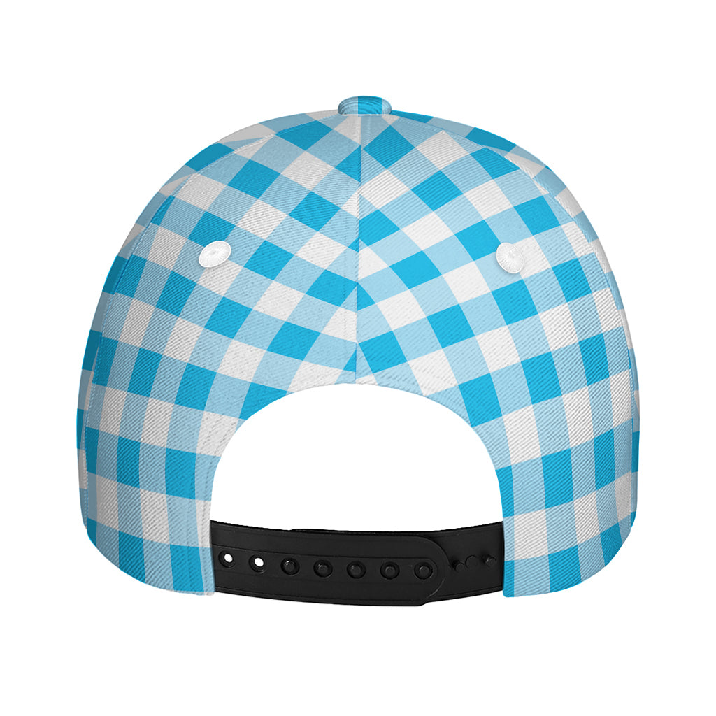 Cyan Blue And White Gingham Print Baseball Cap